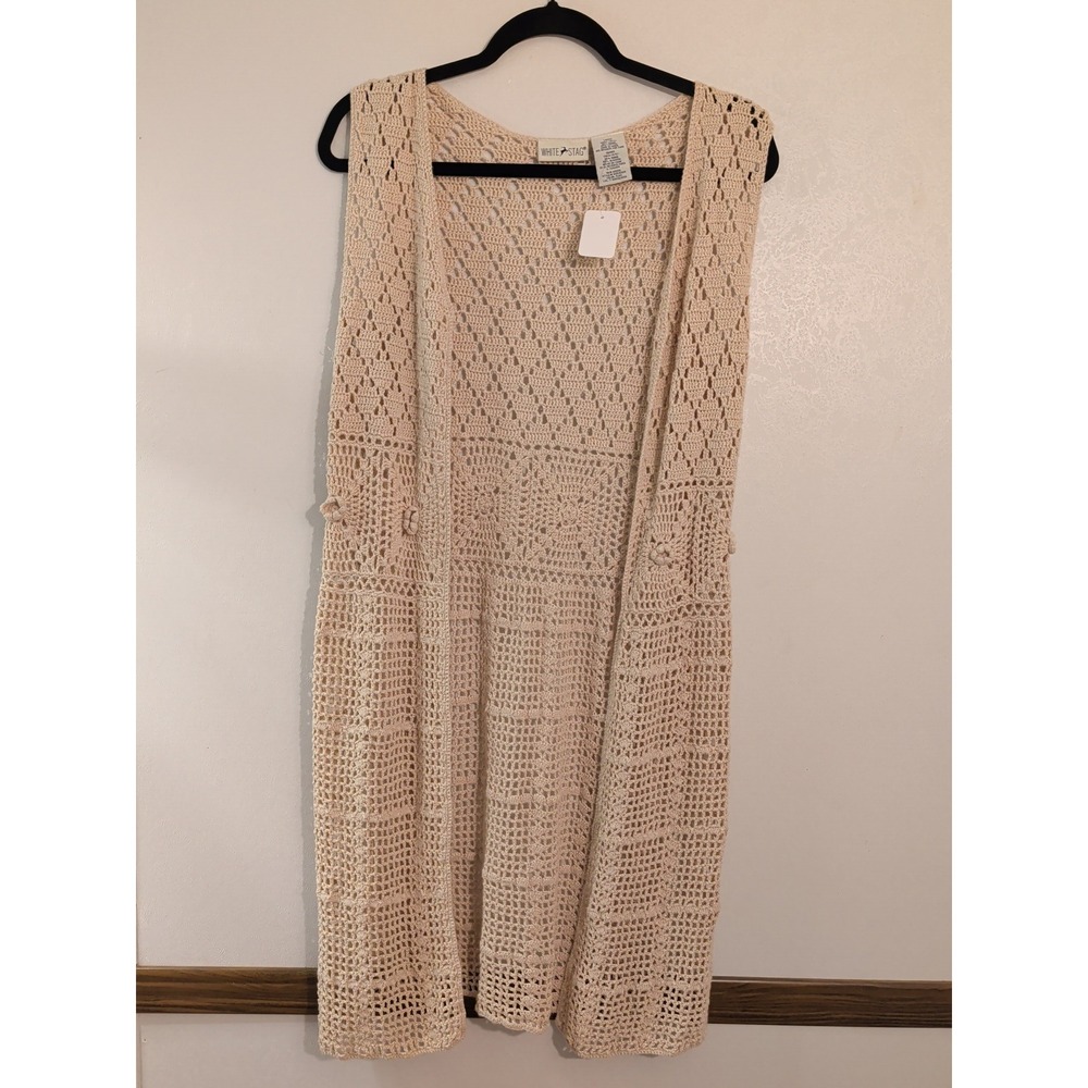 White Stag Womens Flax Beige Crochet Longline Vest Open Front Ramie Cotton S